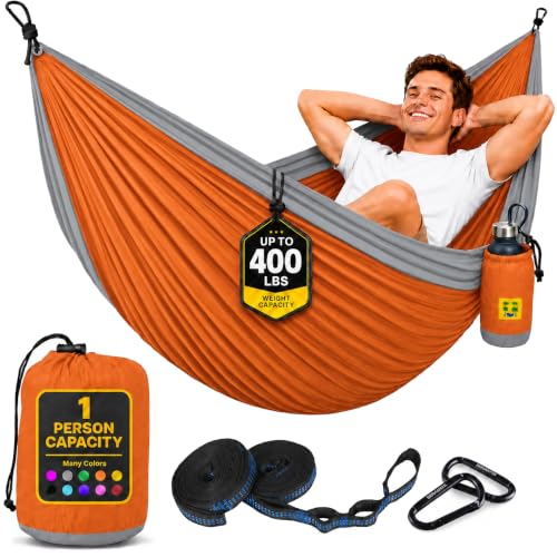 Durable Hammock 400 lb Capacity, Nylon Camping Hammock Chair - Double or Single Sizes w/Tree Straps and Attached Carry Bag - for Travel/Backpacking/Beach/Backyard (Medium, Orange & Light Grey) - color: Orange & Light Grey, size: Medium