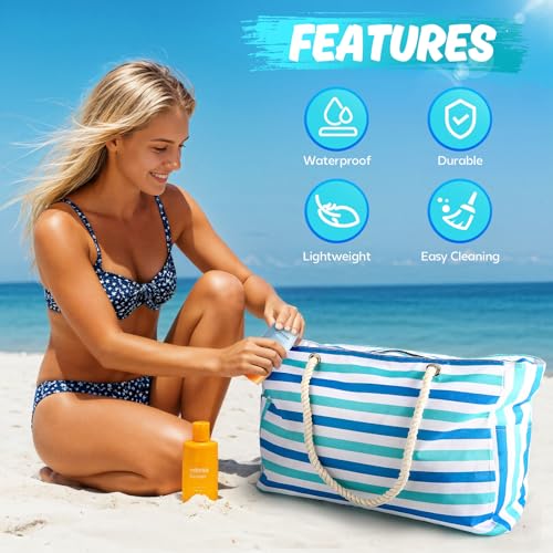 SRISE Large Beach Bag for Women & Men, Beach Bags Waterproof Sandproof, Travel Tote Bag, Swim Pool Bag for Family Outdoor - color: Blue Green
