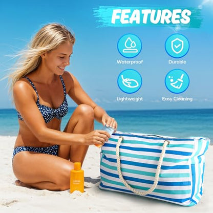 SRISE Large Beach Bag for Women & Men, Beach Bags Waterproof Sandproof, Travel Tote Bag, Swim Pool Bag for Family Outdoor - color: Blue Green