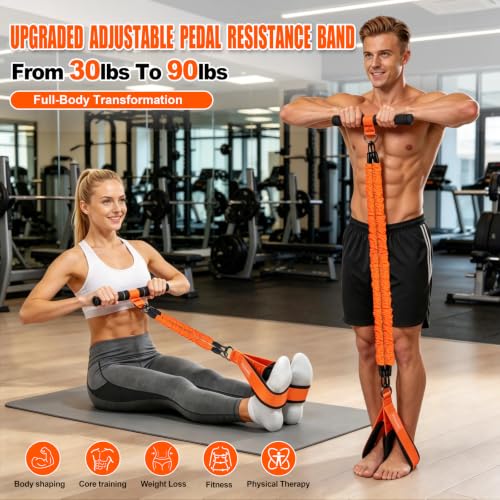 Foot Pedal Resistance Bands with Handles, Multifunction Elastic Yoga Exercise Bands, Home Gym Fitness Equipment for Women & Men to Tone Abs, Core, Legs, Arms, Waist - color: Max-Orange