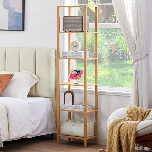 YUFAM 5 Tier Tall Narrow Bookshelf, Skinny Bookcase, Wooden Shelf, Natural - color: Natural, size: 5-Tier