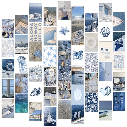 FYSUIMU 50Pcs Coastal Wall Collage Kit Art Print Aesthetic Blue Coastal Beach Surf Wall Decor for Bedroom Dorm Preppy Room Home Decor, 4 x 6 Inch - color: Blue Coastal