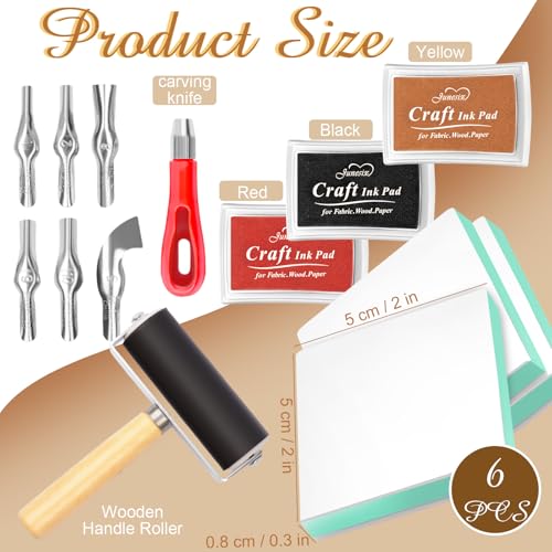 Linocut Stamp Making Kit with Rubber Carving Blocks 6PCS 2"x2", Block Printing Printmaking Kit with Carving Tools, Brayer Roller & Ink Pads, DIY Craft Supplies for Beginners Kids Adults