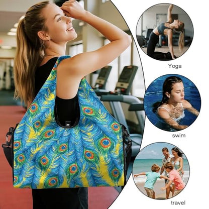 Yoga Gym Bag with Removable Adjustable Shoulder Strap, Shoe Compartment & Top Yoga Mat Holder 17.72x8.66x9.84in - color: Blue Peacock Feather Print
