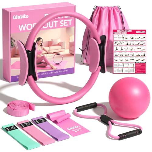 WALITO Home Pilates Kit for Women,Pilates Ring Set with Magic Circle,Resistance Bands,Figure 8 Workout Bands,Mini Ball, Compact Toning Fitness Essentials Starter Set Accessories Gift - color: PINK SET