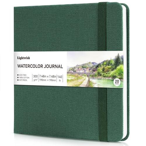 Watercolor Journal - 100% Cotton Hot Press Paper | 20 Sheets 40 Pages | 300GSM (140lb) | Linen Cotton Cover Watercolor Sketch Books for Artists Painting,Mixed Media 7.48 x 7.48 in - color: Green, size: 7.5 x 7.5 in
