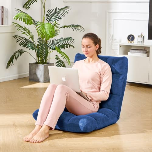 Folding Floor Gaming Chair 14-Poistion Cushioned Adjustable Floor Lazy Sofa Chair w/Breathable Cotton & Skin-Friendly Velvet for Adults & Kids Perfect for Reading Gaming Meditating, Darkblue - color: Darkblue