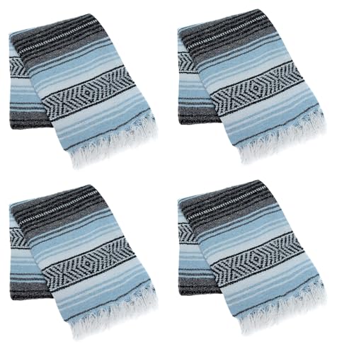 La Montana Bulk Falsa Mexican Blanket, 4 Pack, Light Blue/Charcoal/White | Authentic 74"x50" Lightweight Yoga Blanket Made in Mexico - Decorative Throw for Picnic, Camping, Beach, Bed, Home Decor - color: Light Blue/Charcoal/White