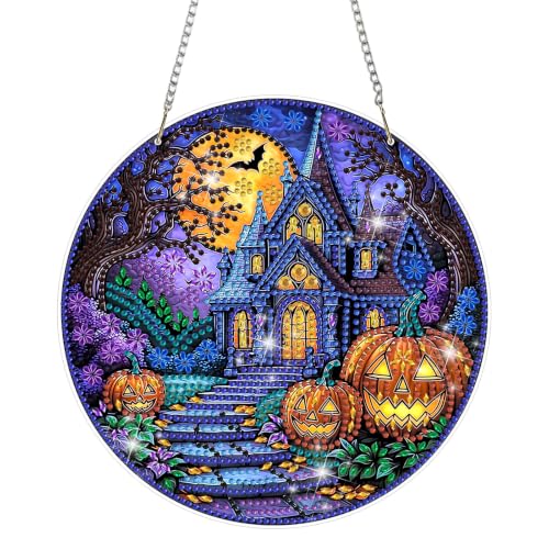 MAXBYE Diamond Art Kits Hanging Halloween Haunted House, DIY 5D Special Shaped Diamond Painting Craft Gem Art Rhinestone for Adults and Home Window Door Decor 8×8 Inch, Happy Halloween - color: XSL074