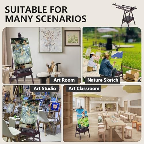 Beech Wood H-Frame Painting Easel with Storage Drawer, Walnut | Heavy-duty Studio Easel, Adjustable Height & Angle Floor Easel Stand, Holds 30"-48" Canvas, Foldable Artist Easel for Adults - color: Walnut
