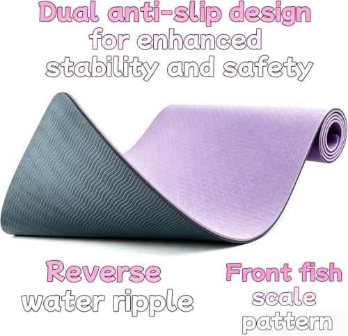Yoga Mat Non Slip, 8mm TPE Exercise Mat with Carrying Strap, Eco Friendly Fitness Mat for Yoga Pilates Gym Workout, 72" x 24" - color: Purple + Dark Gray