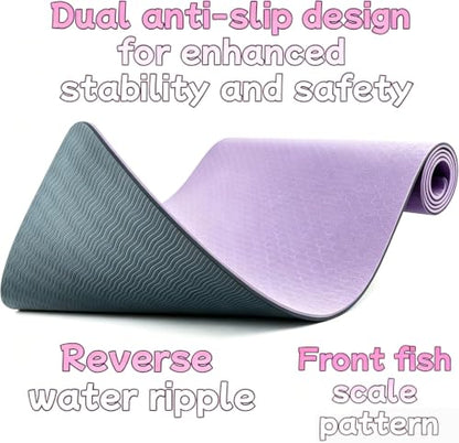 Yoga Mat Non Slip, 8mm TPE Exercise Mat with Carrying Strap, Eco Friendly Fitness Mat for Yoga Pilates Gym Workout, 72" x 24" - color: Purple + Dark Gray
