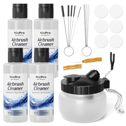 Nicpro Airbrush Cleaning Kit, 4 x 4 fl oz / 120 ml Airbrush Cleaner | with Glass Cleaning Pot, Easily Cleans Water-Based & Acrylic Paints for Airbrushes and Artistic Tools - size: 4 Fl Oz (Pack of 4)