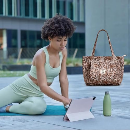 WLLWOO Yoga Mat Carrier Bag for Women Canvas Carryall Tote Gym Pilates | Large Holder Zipper Shoulder for Beach Travel Workout Fitness Office - color: Brown Leopard