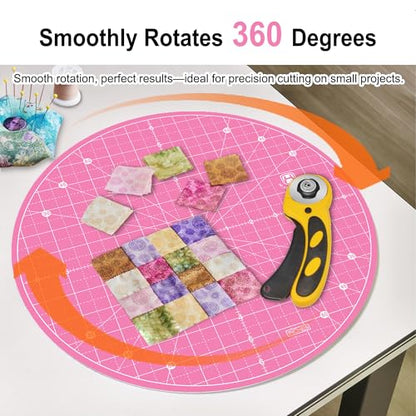 Headley Tools 13"x13" Round Rotating Cutting Mat, Self Healing Mat with 360-Degree Rotation & Anti-Slip Base, Sewing Board Cutting Mat Perfect for Fabric Quilting Leather Hobby Project, Pink - color: Pink, size: 13"L x 13"W