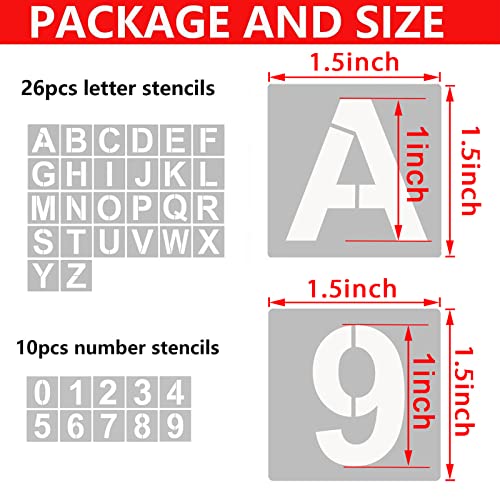 YEAJON 1.5 Inch Letter Stencils and Numbers, 36 Pcs Alphabet Art Craft Stencils, Reusable Plastic Templates for Wood, Wall, Fabric, Rock, Signage, DIY Art Projects - size: 1.5 Inch