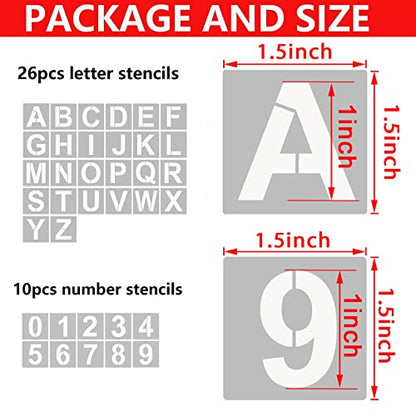 YEAJON 1.5 Inch Letter Stencils and Numbers, 36 Pcs Alphabet Art Craft Stencils, Reusable Plastic Templates for Wood, Wall, Fabric, Rock, Signage, DIY Art Projects - size: 1.5 Inch