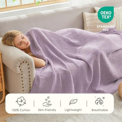 EMME Cotton Muslin Throw Blanket Lavender 50"x60" Couch Breathable Gauze Blanket Soft Lightweight - color: 11 - Lavender, size: Throw (50" X 60")