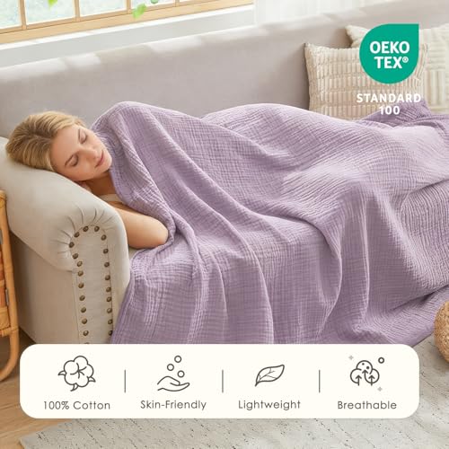 EMME Cotton Muslin Large Throw Blanket Couch Breathable Gauze Soft Lightweight Bed Blankets Adults (Heather Lavender, 50"x70") - color: 11 - Lavender, size: Large Throw (50" X 70")