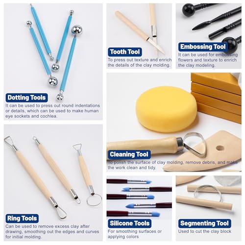 Pottery Clay Sculpting Tools Set, 61 Pcs | Double-sided ergonomic trimming tools with hardened rustproof metal heads and carrying case for beginners and students.