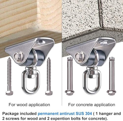 2 Pack 360° Swivel Silent Swing Hanger 1000 LB Capacity Hanging Chair Mount Stainless Steel Ceiling Swing Hardware Mount for Hammock Chair, Porch Swing, Yoga Swing, Heavy Bag, Aerial Silks - color: 2pcs 360° Silent Swing Hanger