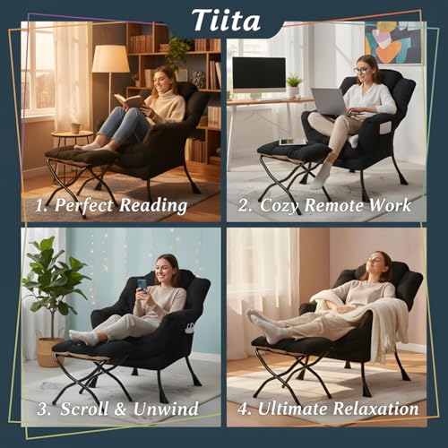 Tiita Lazy Chair with Ottoman, Comfy Reading Accent Chair, Black | Foldable Footrest, Padded Seat and Backrest, Side Pocket for Lounging in Living Rooms, Bedrooms, Dorms and Small Spaces - color: Peach Skin Black
