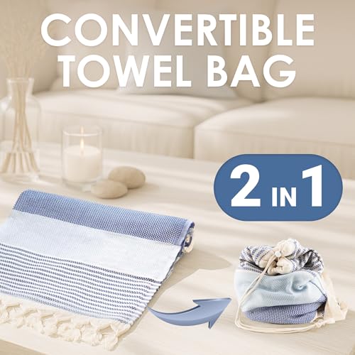 ATANI Turkish Beach Towel, Converts to a Bag, Oversized 100% Cotton Bath Towels Lightweight Quick-Dry Beach Blanket for Travel, Picnic, Camping, Yoga and Pool (Blue, 71 inc x 39 inc) - color: Blue, size: 71 inc x 39 inc