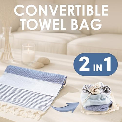 ATANI Turkish Beach Towel, Converts to a Bag, Oversized 100% Cotton Bath Towels Lightweight Quick-Dry Beach Blanket for Travel, Picnic, Camping, Yoga and Pool (Blue, 71 inc x 39 inc) - color: Blue, size: 71 inc x 39 inc