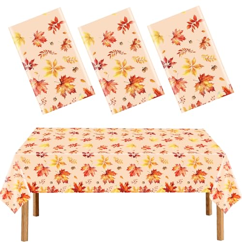 3Pcs Fall Tablecloths Plastic,Disposable Autumn Maple Leaves Tablecloth Thanksgiving Table Cover, Harvest Party Supplies,Fall Party Decorations for Home,Picnic, 54" × 108" - color: Thanksgiving