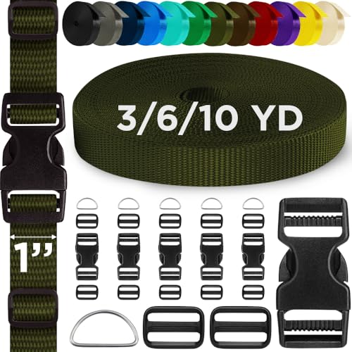 TECEUM 1" Nylon Strap Kit with Buckles, Khaki 6 yards Repair Set | Heavy duty hardware kit: 6yd webbing, 6 quick release buckles, 12 tri-glide slide clips, 6 metal D-rings for crafting. - color: Khaki, size: 1" - 6 yards, style: 6 Buckle - 12 Slides - 6 D