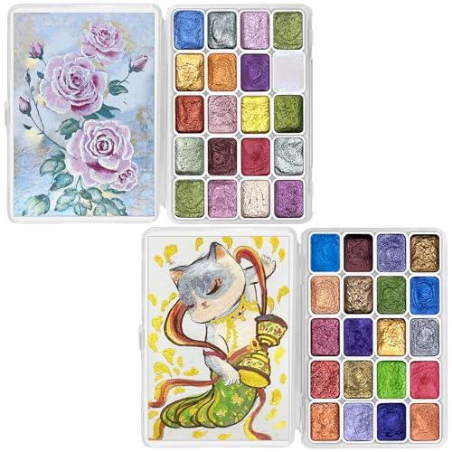CraftyManor Mini Forestry Shifting Watercolor Painting Set, 40 Color Shifting Watercolor Paints, Shimmer Metallic & Glitter Watercolor Paints, Rococo & DunHuang Style - color: Rococo+Dunhuang 40 Colors