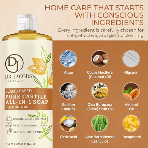 Dr. Jacobs Naturals Almond Castile All-in-One Cleaner and Soap - Plant-Based Formula for House Cleaning Floors and Appliances - Gentle on Skin and the Planet - 32 oz, 2 Pack - size: 32 Fl Oz (Pack of 2), style: Almond