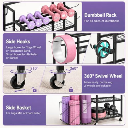 4-Tier Weight Rack for Home Gym with Wheels, Hooks and Dumbbell Storage