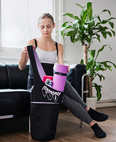 Yoga Mat Bag & Carrier with Pockets for Women - color: Black & Lavender Purple