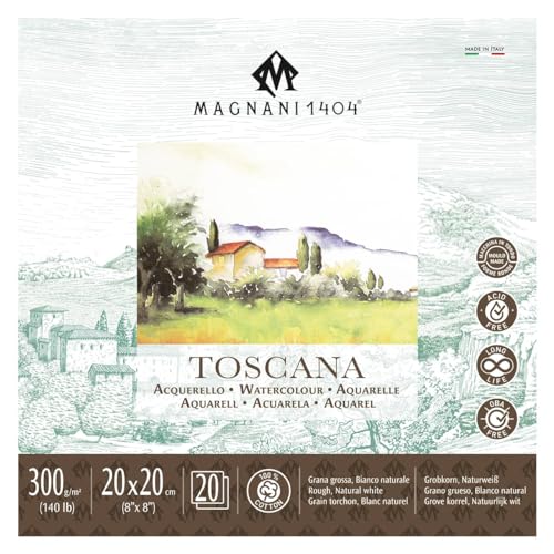 Magnani 1404 Toscana Rough 100% Cotton Watercolor Paper Pad, 20 Sheets, 8x8, 140 lb, Acid-Free, UV Resistant, Deckled Edges, Vegan Sized Water Color Paper for Artists, Made in Italy - size: 8x8" Pad