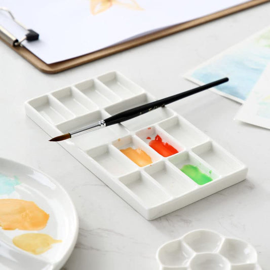 Ceramic Paint Palette, Watercolor Porcelain Paint Mixing Pallet, Tray,14 Wells, Easy to Clean,Rectangular