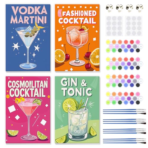 QENSPE 4 Pack Paint by Numbers Kit for Adults with Wooden Frame, Cocktails Adults Paint by Number for Beginners, DIY Easy Acrylic Oil Painting Kits on Canvas, Home Wall Decor Gift 8X12 inch - color: Cocktail 2
