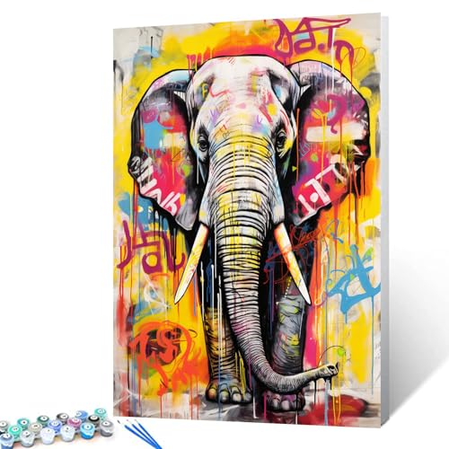 Tucocoo DIY Painting by Numbers for Adults Beginner,Naive Elephants Graffiti Series Paint by Number on Canvas Easy to Paint for Beginner with Pigment and Brushes Unique Graffiti with Frame 16''X20'' - color: Animals-08, size: 16''Wx20''H(DIY frame)
