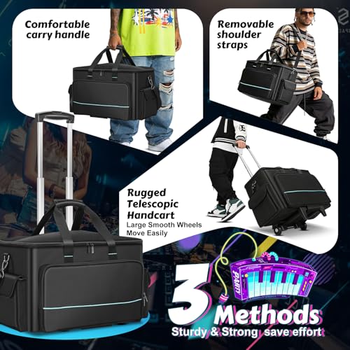 DJ Cable Bag, Rolling DJ Cable Bag with Detachable Trolley & Dividers | Large Capacity Gig Bag with Laptop Compartment, Professional Organizer Bag for Cables, Microphones, and DJ Equipment