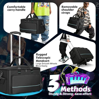 DJ Cable Bag, Rolling DJ Cable Bag with Detachable Trolley & Dividers | Large Capacity Gig Bag with Laptop Compartment, Professional Organizer Bag for Cables, Microphones, and DJ Equipment