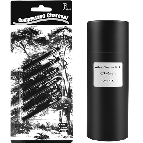 MyLifeUNIT 6 Pack Compressed Charcoal Sticks (2 Soft, 2 Medium and 2 Hard), 25 Pack Willow Sketch Charcoal Sticks(7-9 MM Dia)