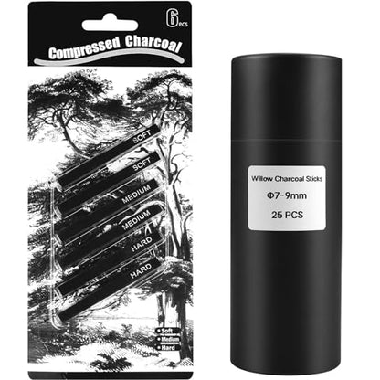 MyLifeUNIT 6 Pack Compressed Charcoal Sticks (2 Soft, 2 Medium and 2 Hard), 25 Pack Willow Sketch Charcoal Sticks(7-9 MM Dia)