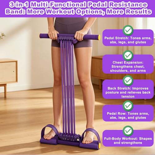 2026 Upgrade Detachable Pedal Resistance Band with Handle, 10 Tube Sit Up Pull Rope 3-in-1 Versatile Exercise Bands for Foot Pedal Pull, Chest Expand & Back Stretch (Purple)