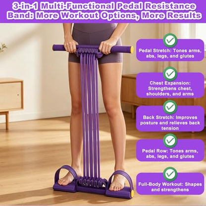 2026 Upgrade Detachable Pedal Resistance Band with Handle, 10 Tube Sit Up Pull Rope 3-in-1 Versatile Exercise Bands for Foot Pedal Pull, Chest Expand & Back Stretch (Purple)