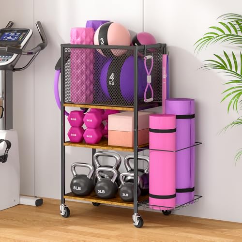 Dumbbell Rack, Yoga Mat Storage Holder, Home Gym Storage Rack, Workout Equipment Storage Organizer, Weight Storage Holder Rack with Hooks and Wheels - size: 3 Tier