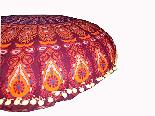 ICC 32" Indian Mandala Ottoman Throw Pouf Cover Seating Ottoman Cover Ethnic Cushions Bohemian Decor Fall Decor Pouf Case Decorative Footstool Round Floor Maroon - color: Maroon