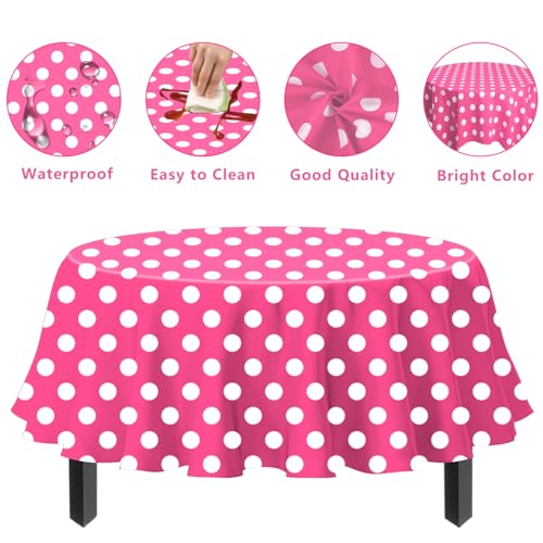 3 Pack Pink and White Polka Dots Round Tablecloth Pink Round Table Cover with White Polka Dot Plastic Table Cloth 84 in for Kitchen Dining Wedding Party