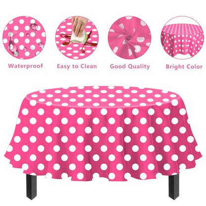 3 Pack Pink and White Polka Dots Round Tablecloth Pink Round Table Cover with White Polka Dot Plastic Table Cloth 84 in for Kitchen Dining Wedding Party