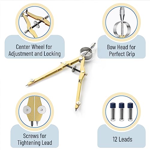 Mr. Pen- Professional Compass for Geometry, Extra Lead | Metal Compass Drawing Tool for Students, Drafting and Engineering, Technical Drawings, Circles and Geometry Projects - color: Gold