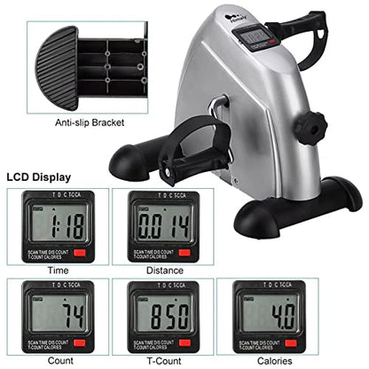 Mini Exercise Bike, himaly Under Desk Bike Pedal Exerciser Portable Foot Cycle Arm & Leg Peddler Machine with LCD Screen Displays - color: Sliver